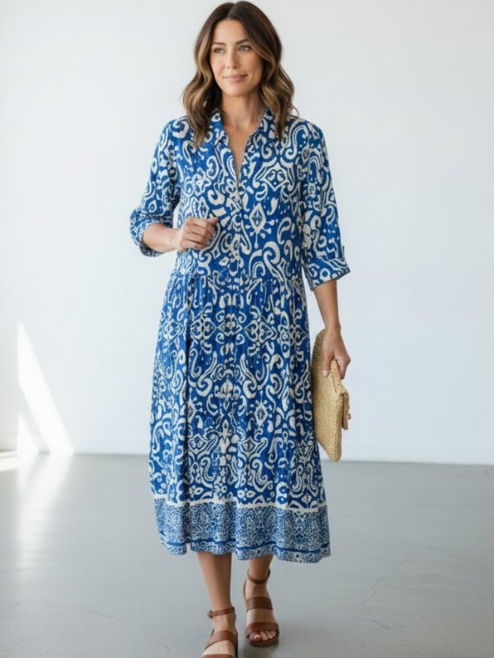 Entro NWT Blue Paisley Midi Dress Collared Button Front Pockets Sz S
